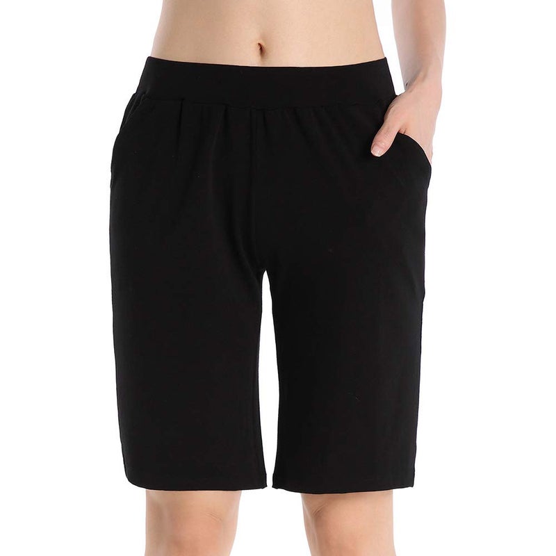 QingWan Womens Knee Length Shorts with Pockets Plus Size Elastic Waist Short Pants Yoga Black - Image 2